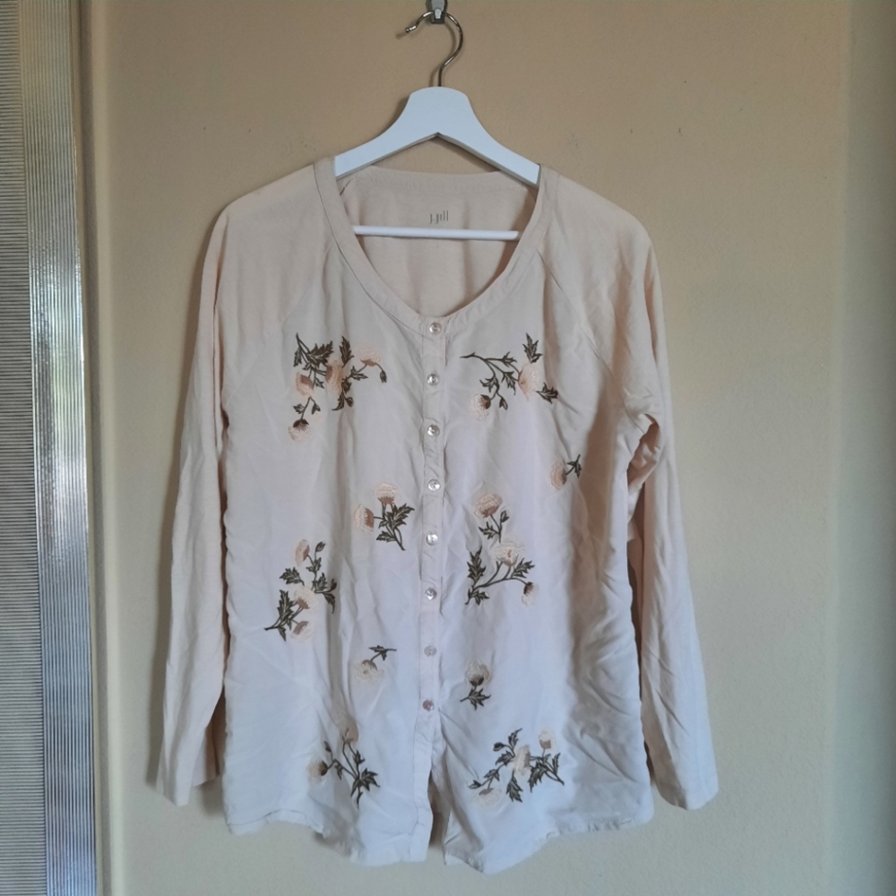 J. Jill Embroidered Top Tunic Button Down Lagenlook Coastal Cottage